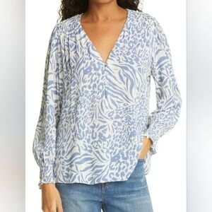 Rails Brindley Mixed Animal Prints Blue + Cream Smocked Blouse L
